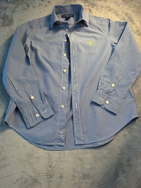 Ralph Lauren Blue and White Gingham Button-Up Shirt with Yellow Polo Logo